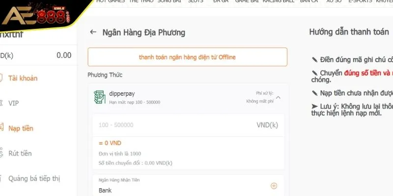 Hướng dẫn nạp tiền AE888 qua ngân hàng an toàn và bảo mật